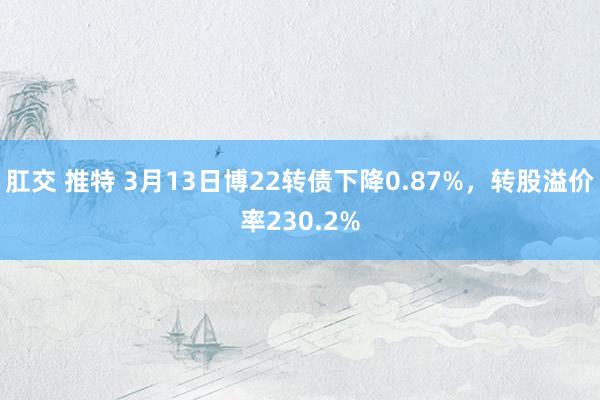 肛交 推特 3月13日博22转债下降0.87%，转股溢价率230.2%